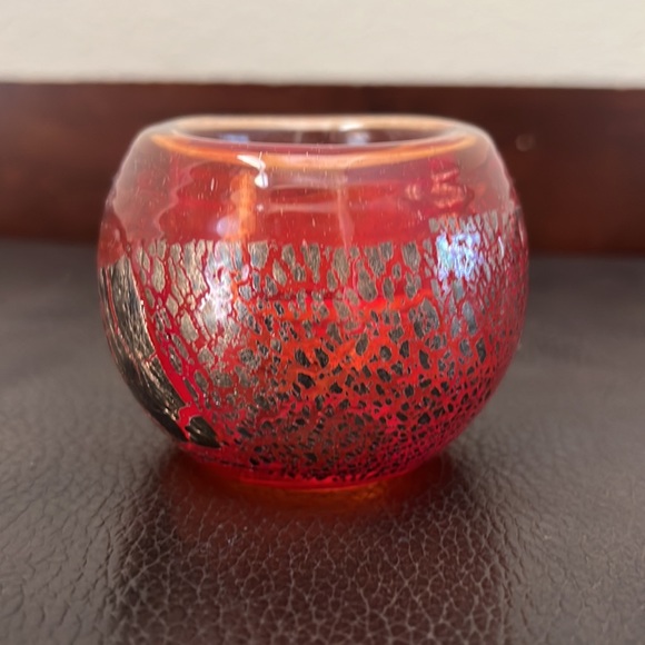 Murano Glass Orange Tea Light Candle Holder with Gold Fleck Accents - Picture 3 of 7